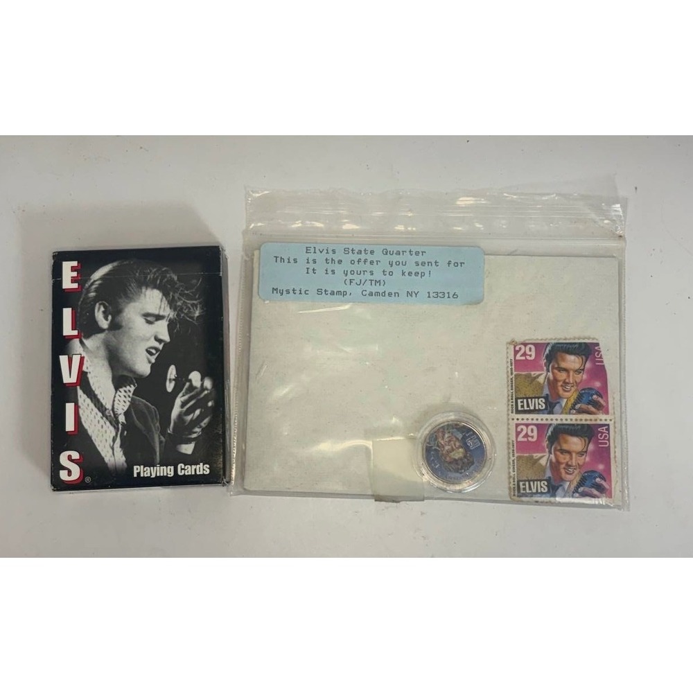 Elvis‎ Presley Memorabilia Lot Bicycle Playing Cards Stamps & State Quarter Coin